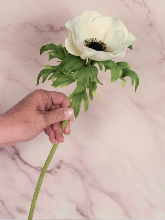 White Anemone Silk Floral 22" Pick